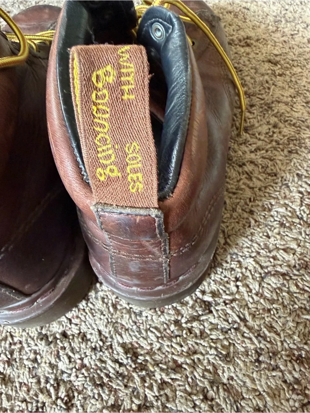 Dr. Martens Brown Leather Work Boots with Yellow Laces
